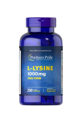 Puritan's Pride L-Lysine 1000 mg bottle with 250 caplets for immune support and skin health.